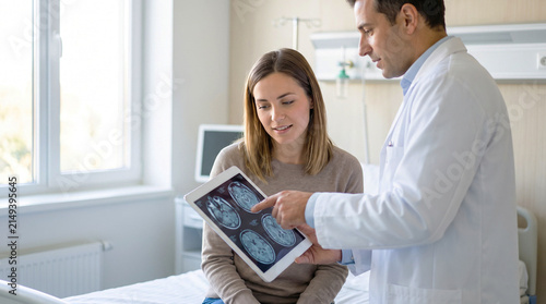 Doctor showing brain MRI scan on tablet to female patient during consultation in a hospital room