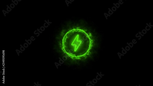 Glowing green neon lightning bolt with radiant energy aura on black background, power