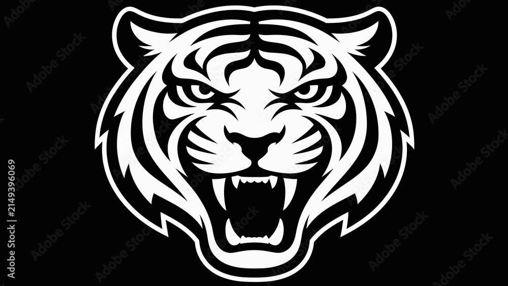 Fototapeta premium A black and white tiger head graphic with a menacing expression, sharp teeth, and detailed stripes, displayed as an image preview on a smartphone screen.