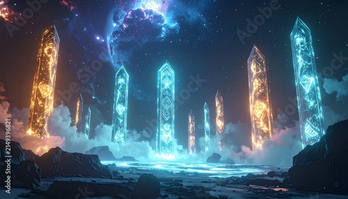 Mystical Crystal Forest with Cosmic Nebula Background.
