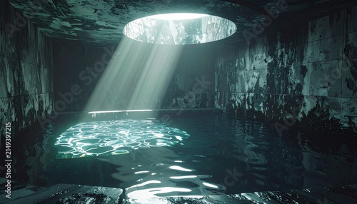 Mysterious Cave Pool Illuminated by a Single Beam of Light.