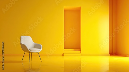 Modern white chair in bright yellow room minimalist interior design concept