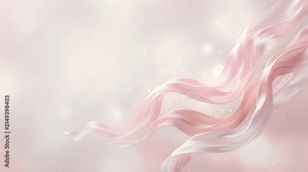 Fototapeta premium Abstract background featuring soft flowing pink and white silk ribbons with a dreamy glowing light effect