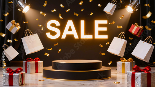 3D Sale Podium with Gift Boxes and Shopping Bags Illustration