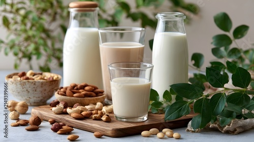 Several plant based milk alternatives displayed in glass bottles and cups alongside scattered nuts on a wooden board