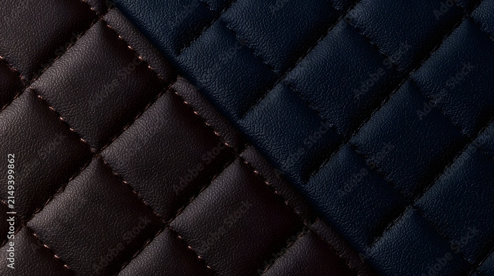 Obraz premium Close up of textured quilted leather surface divided diagonally between dark brown and black sections with contrasting stitching