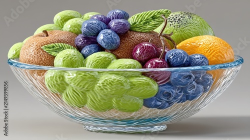 Glass Bowl of Colorful Fresh Fruits with High Key Lighting