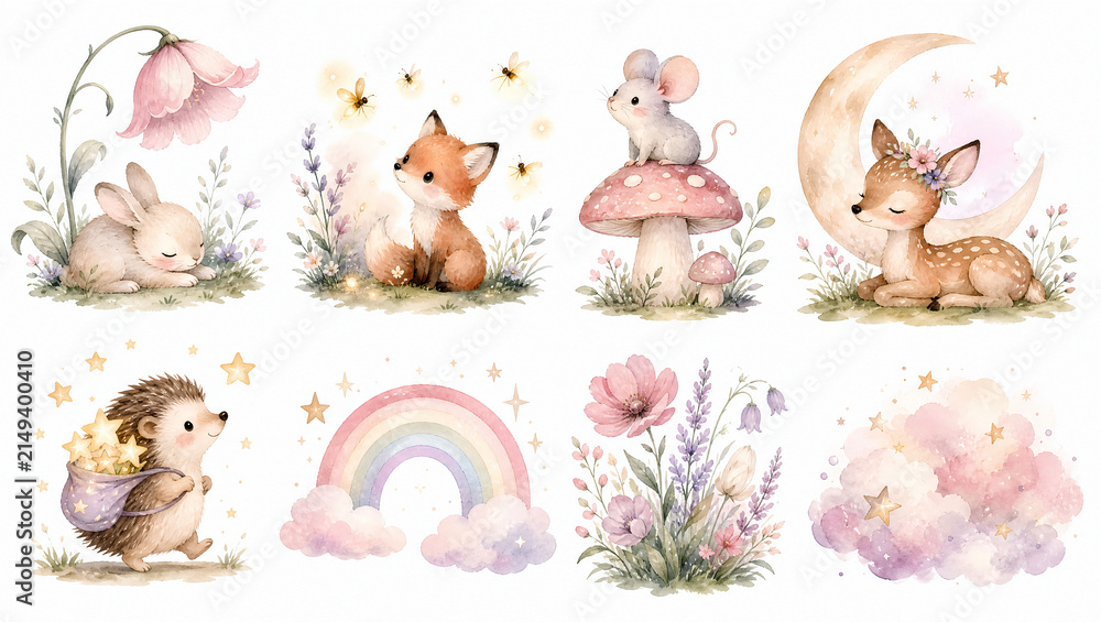 Fototapeta premium Cute watercolor woodland animal clipart set. Sweet forest bunny fox mouse deer and hedgehog with moon stars and rainbow isolated on white. Nursery decor elements