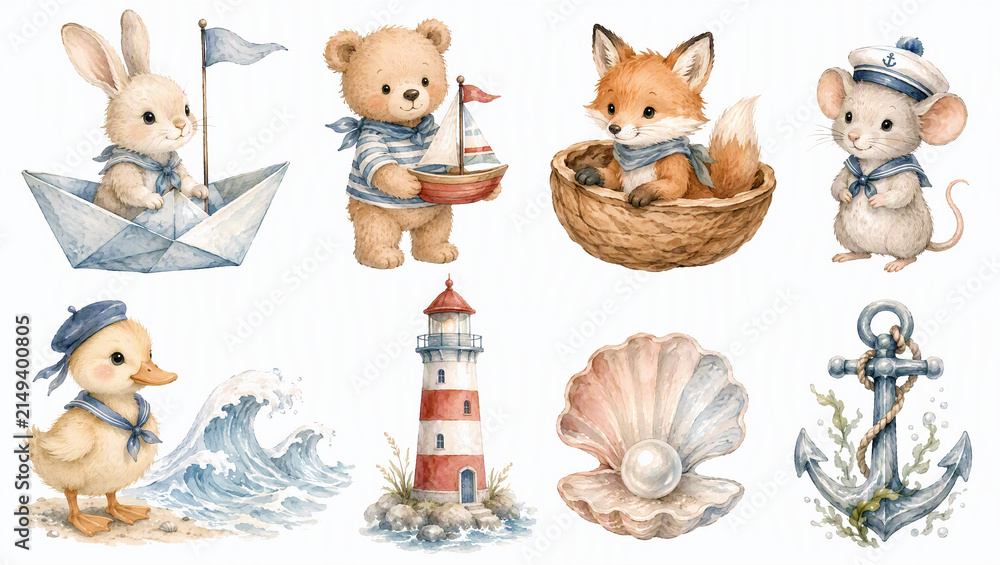 Obraz premium Cute watercolor nautical sailor animal clipart set. Bunny bear fox mouse duckling lighthouse anchor shell isolated on white background. Baby shower and kids design elements