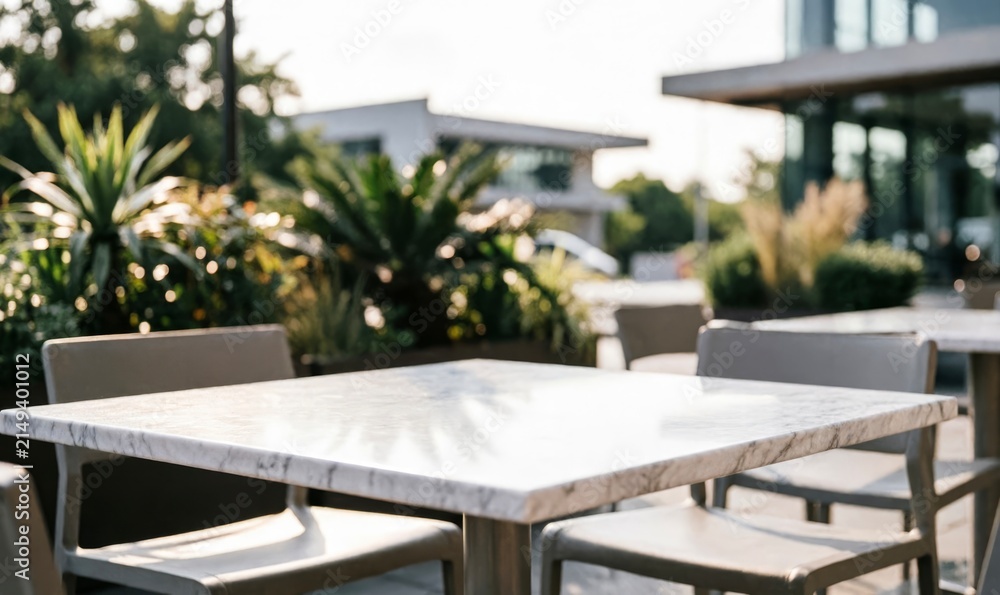 Obraz premium Outdoor Marble Table with Chairs in Modern Garden Setting for Restaurant Design