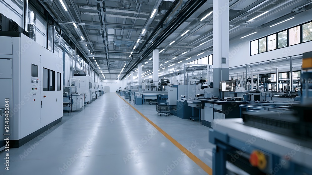 Fototapeta premium A modern factory interior featuring long aisles lined with industrial hinery and bright overhead lighting