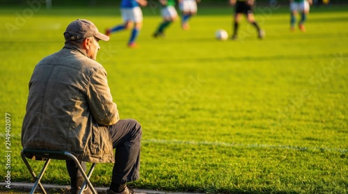 Amateur youth soccer coach scouting talent from the sidelines during a morning match