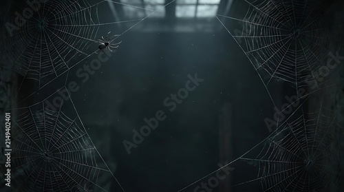 Small spider on cobweb in dark room