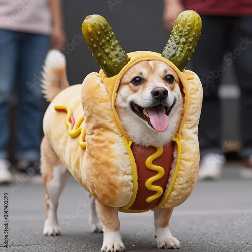 Whimsical Hotdog Dressing. Dog In Hotdog Costume, Comical Scene