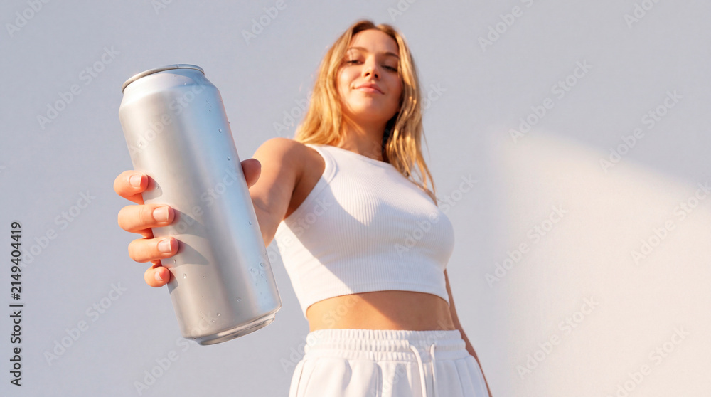 Fototapeta premium Low angle view of a fit young woman in white sportswear holding out a blank aluminum can covered in water droplets.