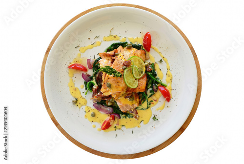 Quadro su tela Gourmet Pan Seared Salmon with Spinach and Lemon Butter Sauce