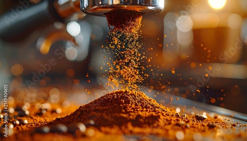 Freshly Ground Coffee Beans Falling Into Espresso Machine.