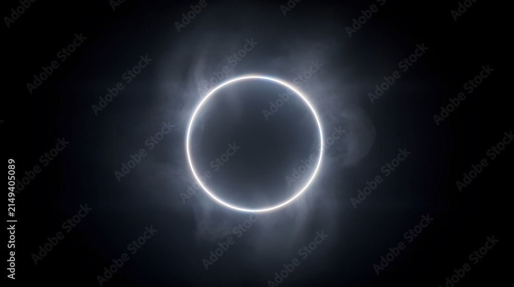 Fototapeta premium A glowing ring of light surrounded by ethereal smoke against a dark background.