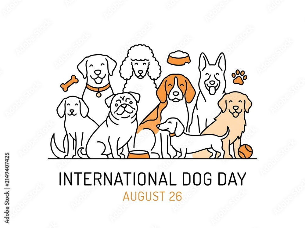Fototapeta premium International dog day banner with diverse dog breeds line art