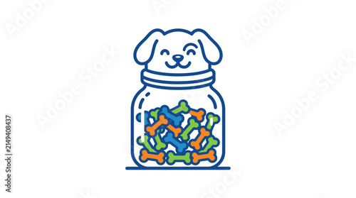 A stylized graphic illustration of a happy dog sitting behind a jar filled with colorful treats