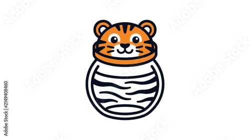 A stylized graphic illustration of a cute tiger character inside a round glass bowl