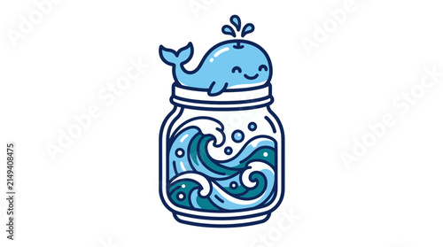 A cute cartoon whale sits atop a glass jar filled with swirling ocean waves