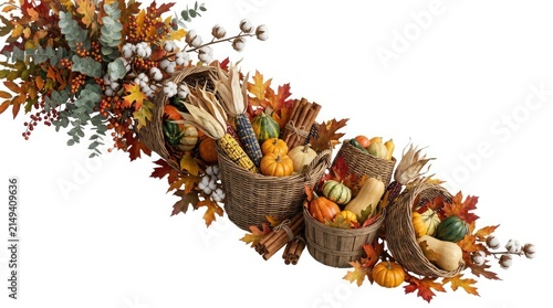 Rustic Thanksgiving harvest arrangement with pumpkin, gourd, corn, autumn leaves, cotton and berries in woven basket, creating a festive seasonal decoration on a white background.