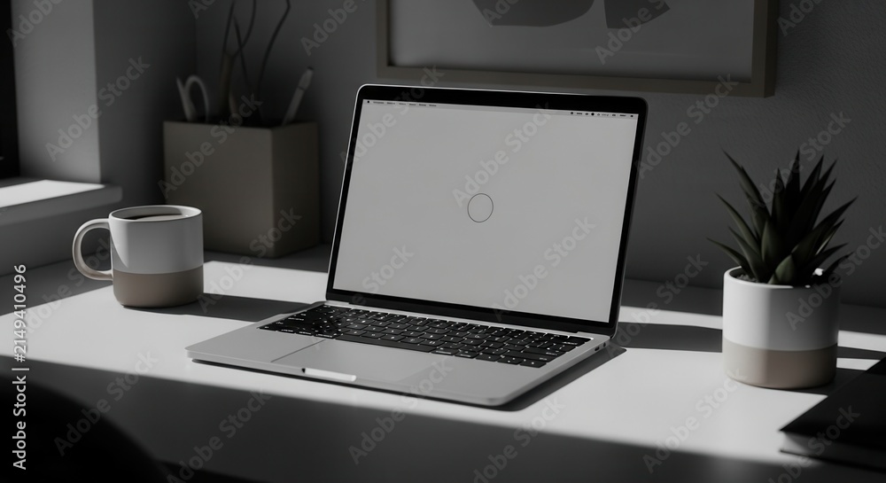 Fototapeta premium Minimalist Desk Setup With Laptop And Coffee Mug