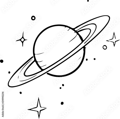 Fotografie Saturn planet with rings and stars simple line art illustration for space explor