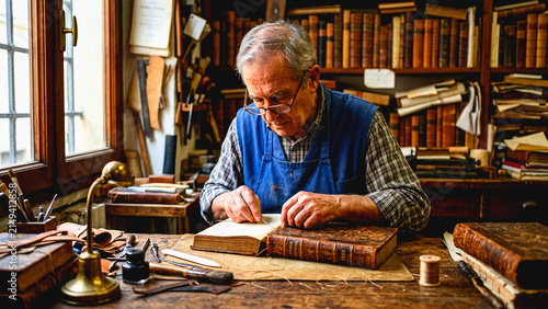 Elderly artisan restoring an antique book in a traditional workshop