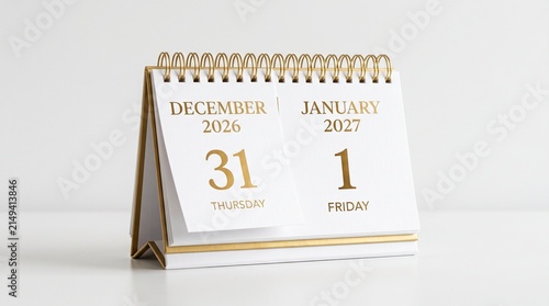 Desk calendar shows changing years. Transition from 2026 to 2027. Time for annual vacation planning. Time schedule concept. Paper desk calendar close up. Happy New Year, the start of the new year 