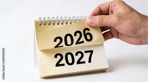 The year is changing. Hand flips calendar page from 2026 to 2027. New year planning begins. Time passes quickly. The year 2026 is ending soon. Welcome the new year 2027. Happy New Year