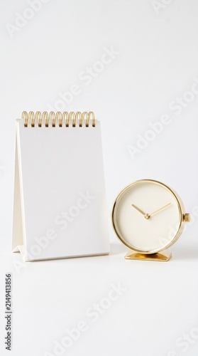 Blank vertical desk calendar mockup standing on white background. time management concept. Minimalist desk calendar and round clock close up. Perfect setup for time passing and deadline concept