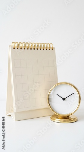 mockup for new year goals and tasks. Blank desk calendar mockup for custom design presentation. concept for work plan and business strategy. Spiral blank calendar standing next to small clock.
