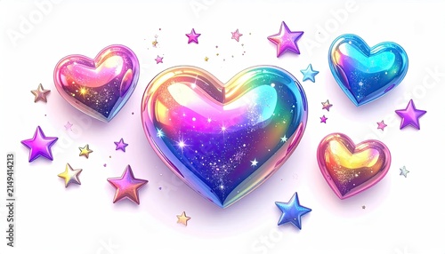 Colorful Rainbow Hearts Cluster with Stars Floating