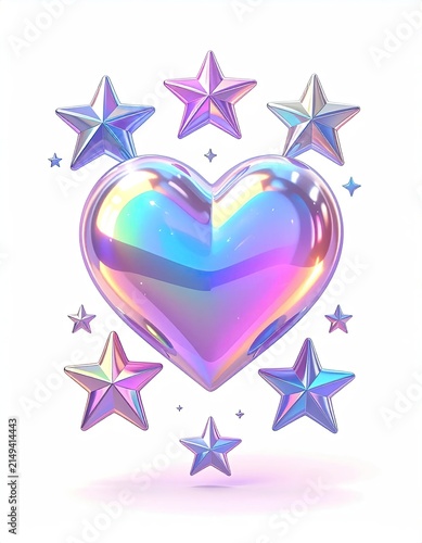 Shiny Heart with Rainbow Teal Stars Floating in White Space
