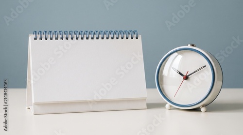 Spiral desk calendar with empty white page. Classic alarm clock stands beside planner mockup. Great background for work reporting and project goals. Blank desktop calendar mockup for new year. 