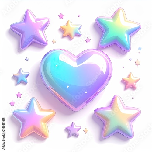 Iridescent Heart Surrounded by Rainbow Stars on White