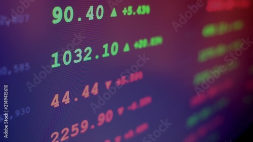 Stock market with price data and trading numbers on screen, financial investment concept