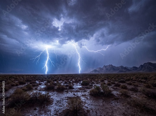 Multiple lightning bolts strike a desert landscape at night in simultaneous flash — desert storm as extreme cinematic power. Ideal for dramatic editorial, power brands, and landscape content.