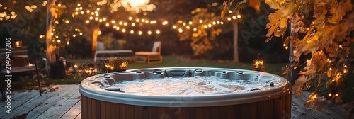 Luxury outdoor hot tub with bubbling water and warm string lights in a serene backyard setting