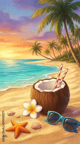Tropical beach scene with a coconut drink, starfish, seashells, and sunglasses on the sand at sunset