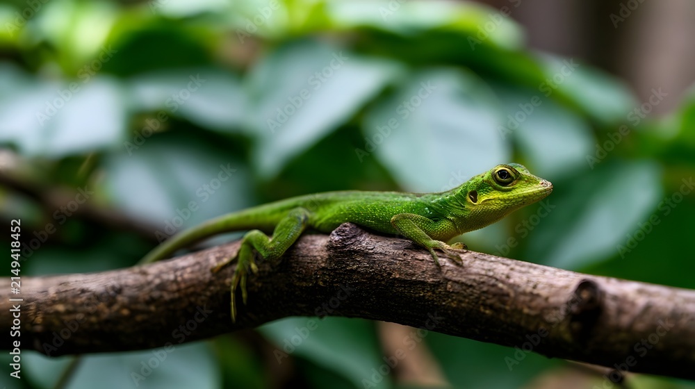 Fototapeta premium A vibrant green lizard perched on a tree branch surrounded by lush foliage in natural daylight