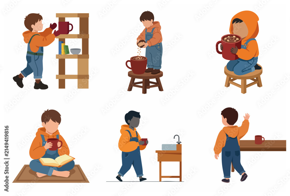 Fototapeta premium Little boy in orange hoodie and denim overalls daily activities vector illustration set, drinking hot cocoa, reading a book, and reaching for things on a shelf