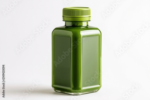 Green bottle with textured cap, clear liquid inside.