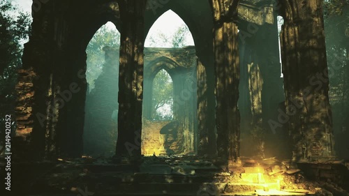 Sunlight filters through the ancient stone arches, revealing the beauty of weathered ruins nestled in a vibrant forest. Shadows dance as nature reclaims this forgotten place.