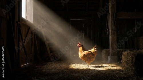 Brown hen standing in dramatic light inside rustic barn