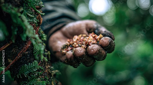 Close up of a hand holding seeds outdoors in a natural green environment