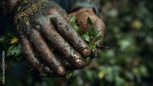 Close up of muddy hands holding green leaves with detailed texture