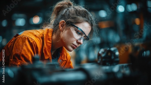 Woman working in a workshop focused on technical equipment